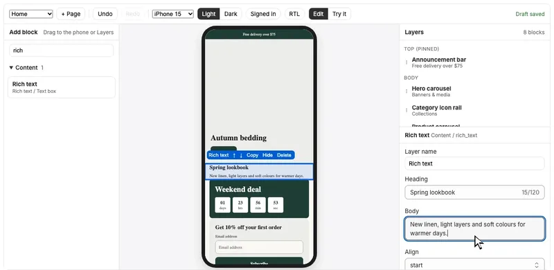 The page builder with a block list, phone preview and settings