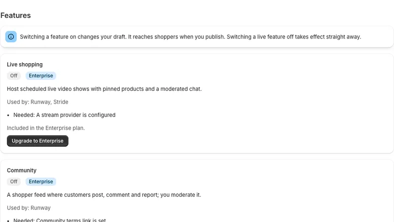 Features page with live shopping, community and the shopping assistant