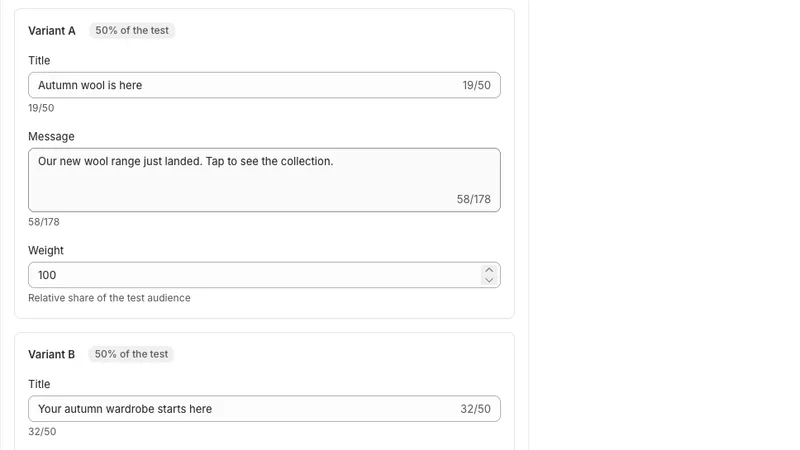 Push campaign composer with two A/B test versions