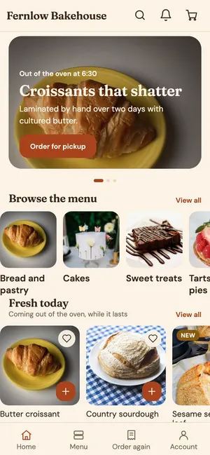 Food, beverage and bakery app home screen