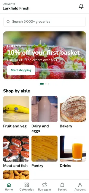 Grocery and quick commerce app home screen
