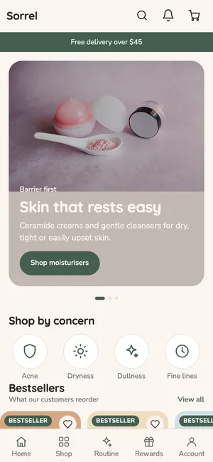 Beauty and skincare app home screen