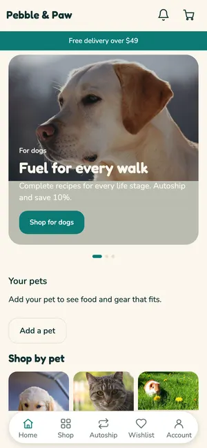 Pet food and supplies app home screen