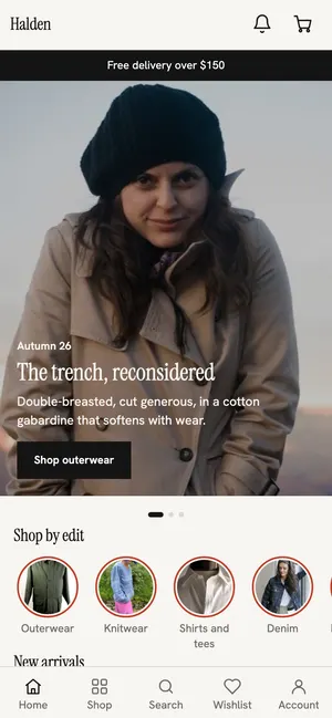 Fashion and apparel app home screen